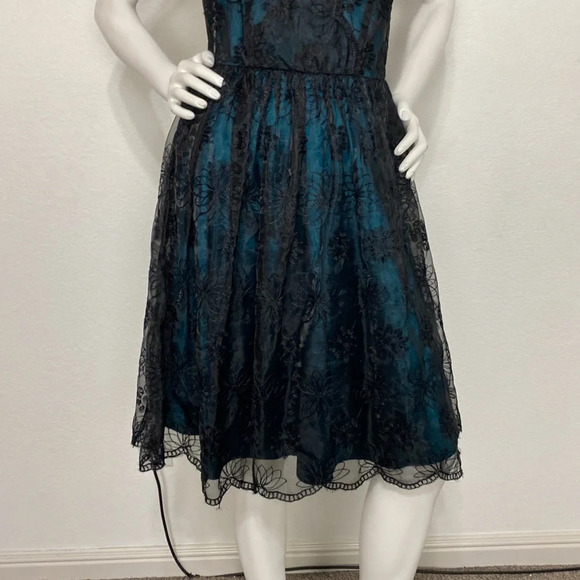 Voodoo Vixen NEW Black Teal Embroidered Lace Overlay Witchy Retro Pin Up Dress S - Picture 4 of 15